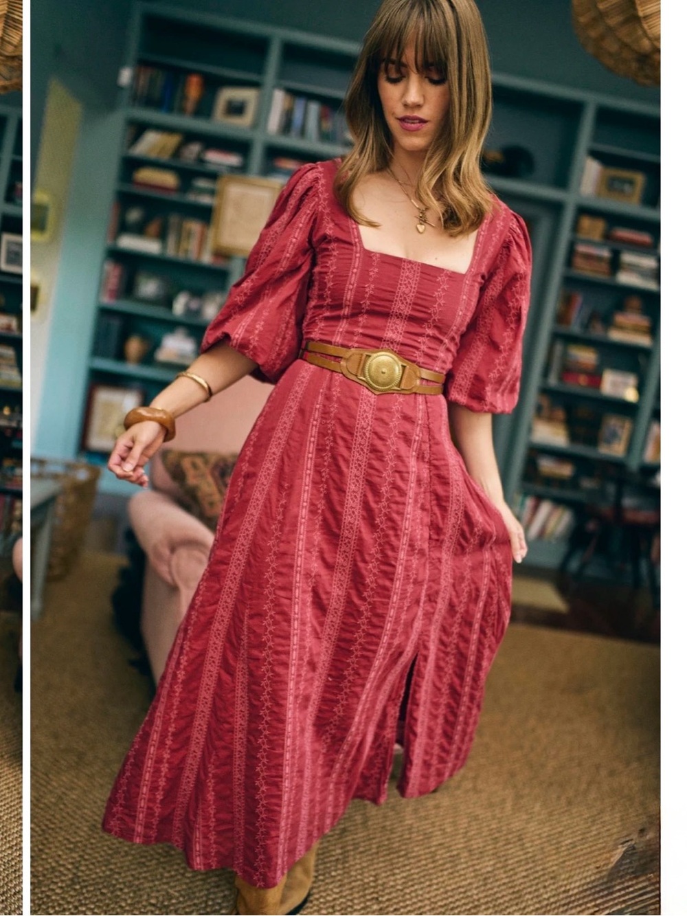 Square Neck Puff Sleeve Maxi Dress in Raspberry Red